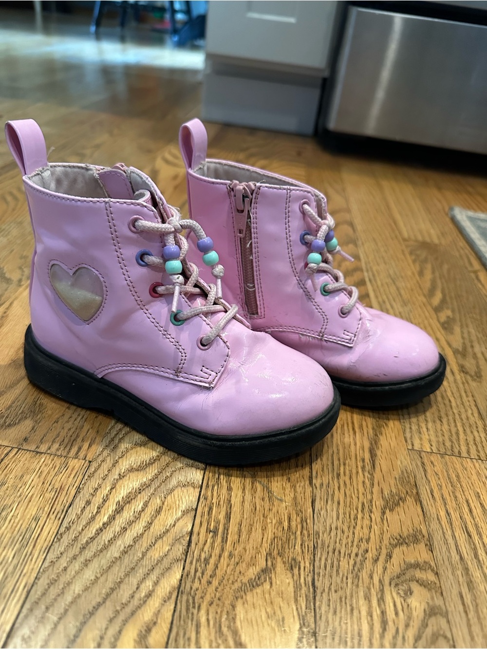 Kids Pink Heart Accent Lace-Up Boots with Side Zip